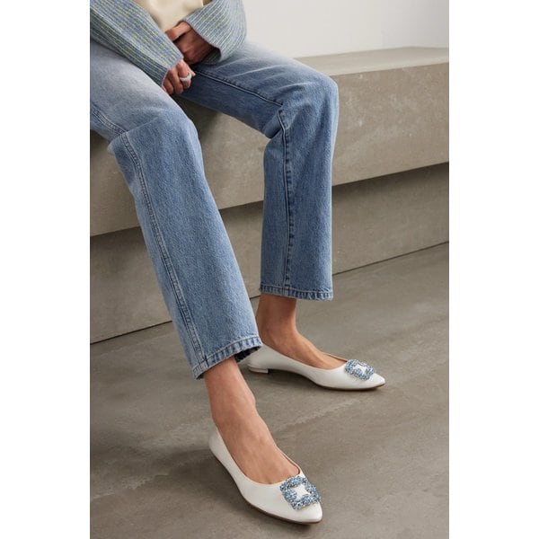 한기시 플랫 크리스털 장식 새틴 포인트 토 플랫 화이트 1647597322040921