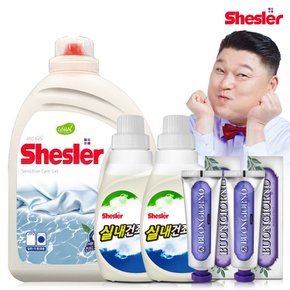 강호동의 쉬슬러 액상 세제 센스티브 3.05L 1개+실내건조전용 650ml 2개+잇몸케어 치약 100g 2개.