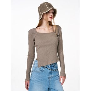 Square Neck Slit T-Shirt, Ash Brown