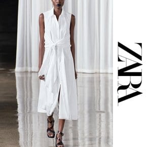 자라 ZARA 여성 A라인 원피스 ZW 컬렉션 포플린 코튼 민소매 셔츠 드레스 흰색