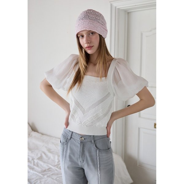 [시흥점] 여성 우븐 배색 소매 니트탑 (ES2OKH53)