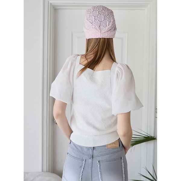 [시흥점] 여성 우븐 배색 소매 니트탑 (ES2OKH53)