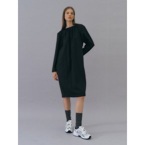 Shirring neck wool belt dress