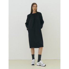 Shirring neck wool belt dress