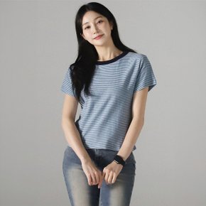 여자 여름 캐주얼 배색 스트라이프 단가라 세미 크롭 반팔 티셔츠 LATO007
