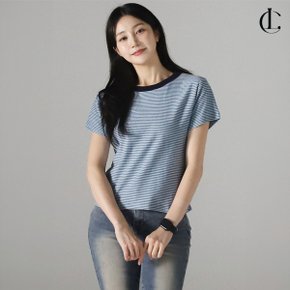 여자 여름 캐주얼 배색 스트라이프 단가라 세미 크롭 반팔 티셔츠 LATO007