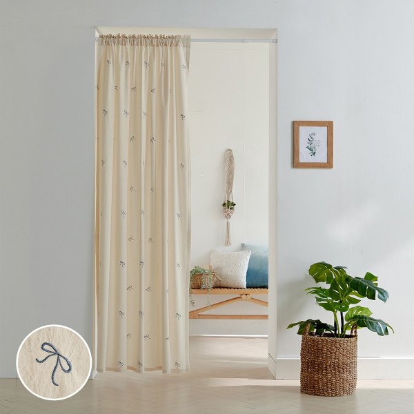 워싱 광목 리본자수 봉집형 가리개 커튼 150x224cm
