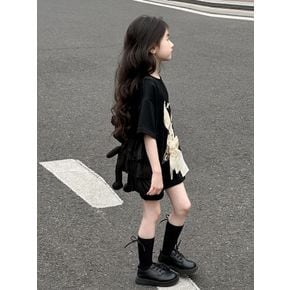 초등 주니어 여아 블랙 리본래빗 프릴 반팔 티셔츠