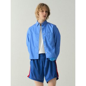 Button Semi Crop Shirt - Blue