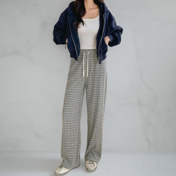 [옷자락] 여성 파스텔 가을 일자 통바지 밴딩 체크 홈웨어 팬츠
