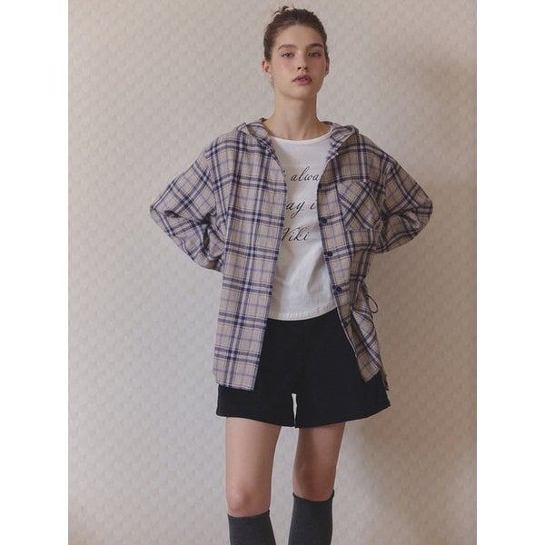 오버핏 후드형 체크 셔츠  (TJBAI2404)