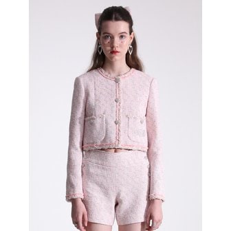 vente Light pink tweed cropped jacket with pocket logo