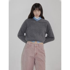 Cable V-Neck Wool Semicrop Knit (Pink)