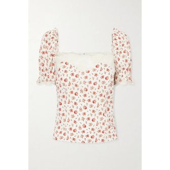 돌체앤가바나 플로럴 프린트 레이스 트림 실크 블렌드 블라우스 46376663162959507