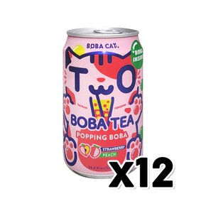 보바캣 팝핑보바 딸기&복숭아 버블티 캔음료 320ml x 12개