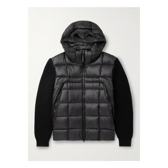 CP컴퍼니 로고 아플리케 퀼팅 립스탑 와플 니트 울 후드 다운 재킷 블랙 46376663162869053