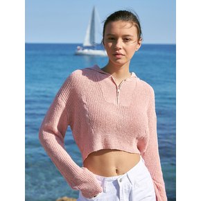 Sailor collar netting zip-up knit - Pink