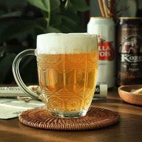 고급스러운패턴의 손잡이 맥주잔 500ml 1p 홈카페용품 얼음맥주잔
