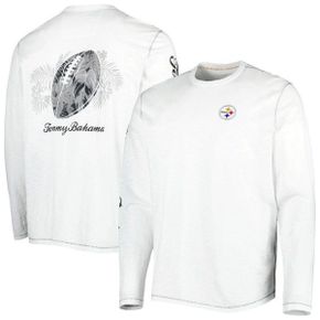3640803 Tommy Bahama Mens White Pittsburgh Steelers Laces Out Billboard Long Sleeve T-Shir
