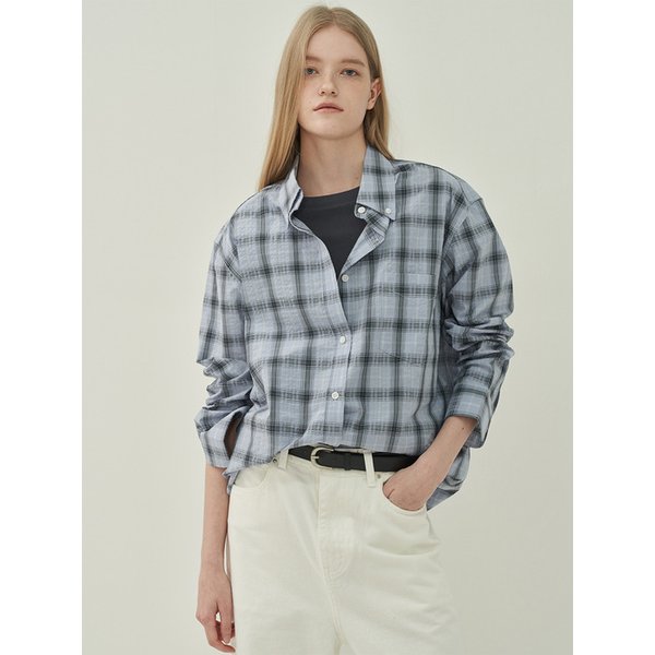 버튼 다운 체크 셔츠-sky blue