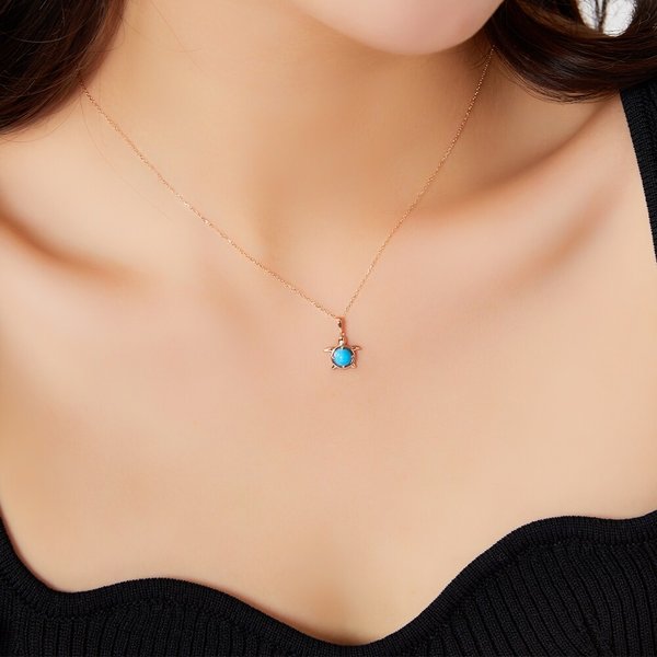 14K 블루 터키석 거북이 금 목걸이