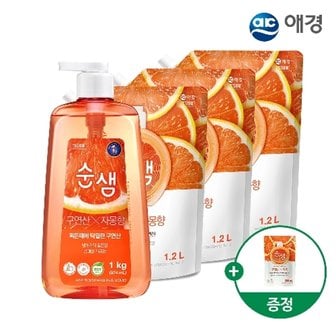 순샘 주방세제 용기 1kg 1개+리필 1.2L 3개+200ml 증정 (베이킹소다피톤치드/구연산자몽 택1)