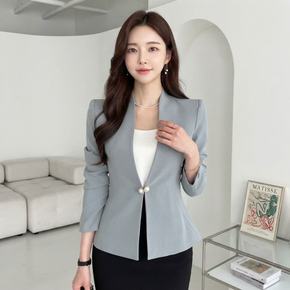 골드 진주버튼 노카라 스판 자켓 봄 가을 긴팔 정장 재킷 하객룩