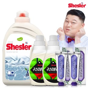 강호동의 쉬슬러 액상 세제 센스티브 3.05L 1개+구스다운워시전용 650ml 2개+잇몸케어 치약 100g 2개.