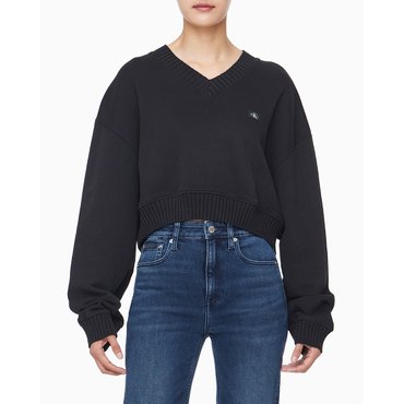 Calvin Klein Jeans 여성 우븐 라벨 브이넥 스웻셔츠(J224651)