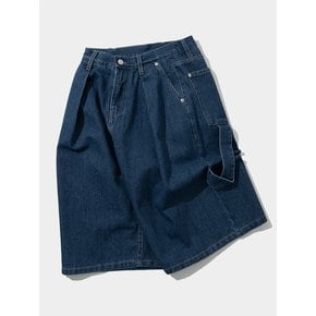 One-tuck bag pocket denim embroidery Bermuda wide half pants [Dark blue]