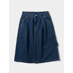 One-tuck bag pocket denim embroidery Bermuda wide half pants [Dark blue]