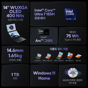 2024년 신제품 젠북 듀오 UX8406MA-QL149W 인텔 U7-155H 16GB 1TB 윈도우 11 듀얼스크린 노트북