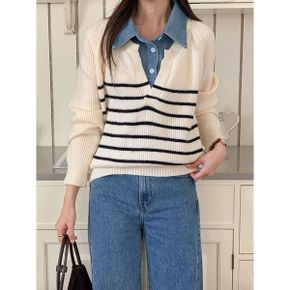 비온느 데님카라 스트라이프 니트 S4447_P415169370