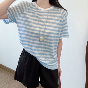 쿨링 루즈핏 파스텔 스트라이프 반팔티_P394365163
