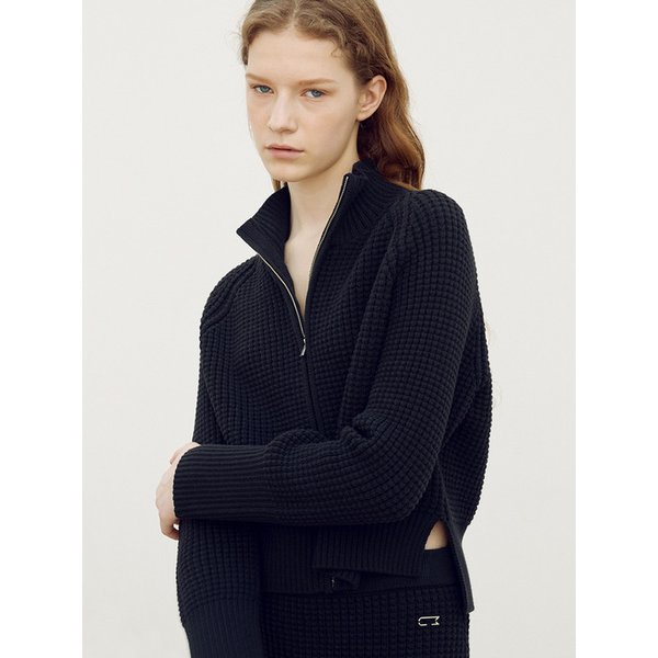 Cotton waffle high neck zip up jacket_Black