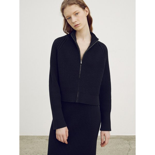 Cotton waffle high neck zip up jacket_Black