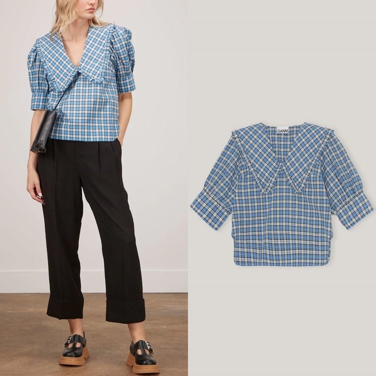 Ganni Seersucker V-Neck Blouse F6853 가니 시어서커 브이넥