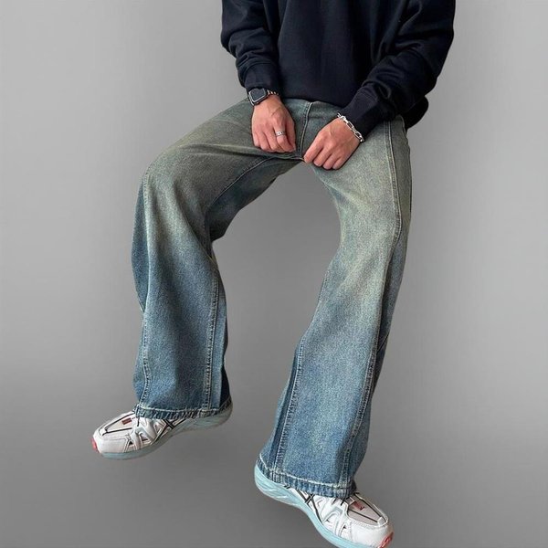 [옷자락] 남성 빈티지 워싱 절개 와이드핏 뒷밴딩 가을 청바지