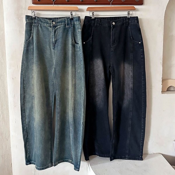 [옷자락] 남성 빈티지 워싱 절개 와이드핏 뒷밴딩 가을 청바지
