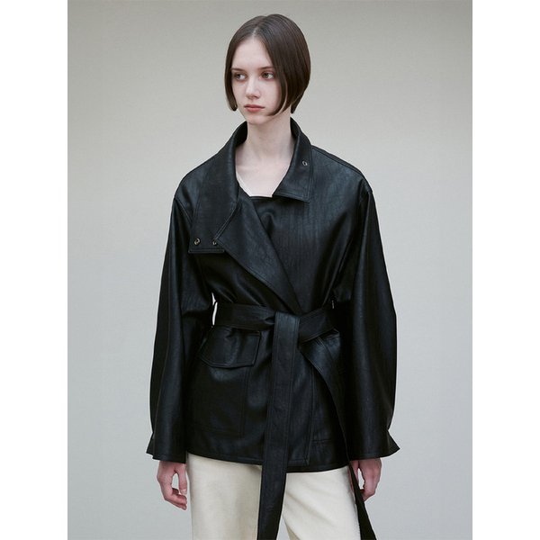 FUNNEL NECK TIE WAIST VEGAN LEATHER JACKET