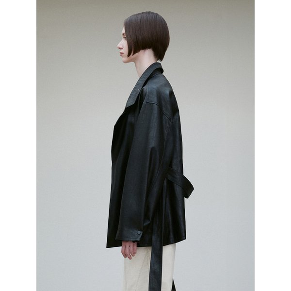 FUNNEL NECK TIE WAIST VEGAN LEATHER JACKET