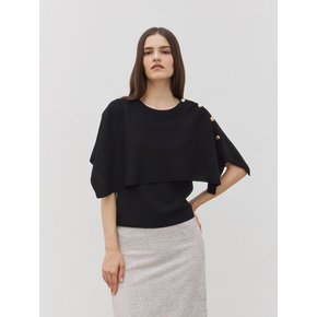 Unbalanced Gold Button Knit Cape Black