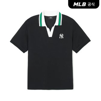 MLB [코리아공식] 여성 오픈카라 배색 슬림핏 카라 티셔츠 NY (Black)