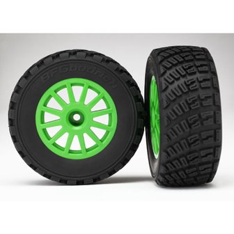  AX7473X Tires ,wheels, assembled, glued (green wheels, gravel pattern tires, foam inserts)