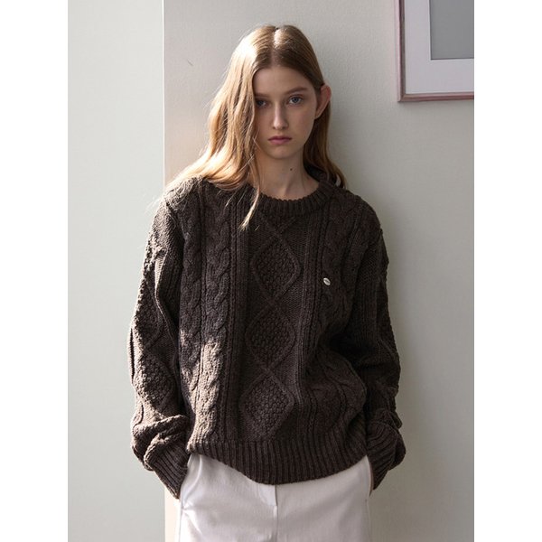 울 케이블 니트 - 브라운