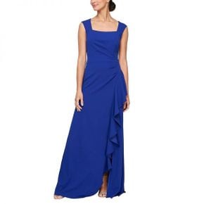 4676310 Alex Evenings Long Crepe Dress with Square Neck and Cascade Ruffle Detail