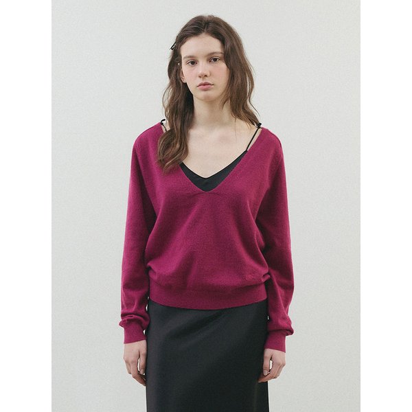 솔리드 딥 브이넥 니트_Magenta