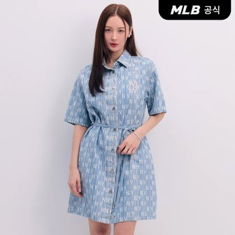 MLB [코리아공식]여성 클래식 모노그램 스트라이프 반팔 데님원피스 NY (L.Blue)