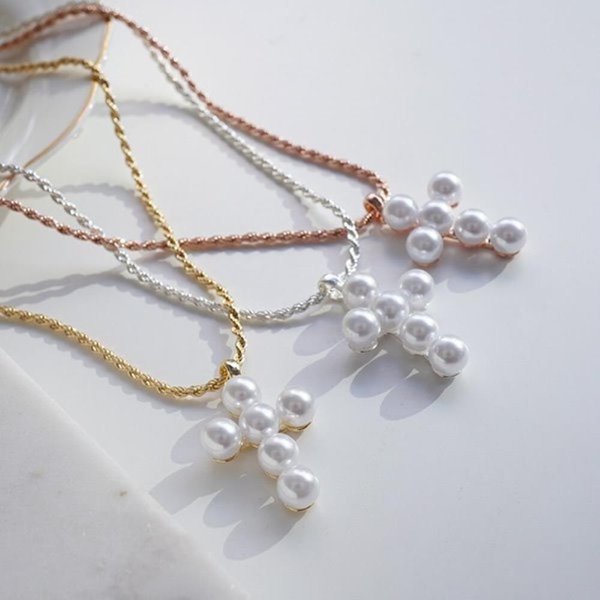 [옷자락] 여자 패션 실버 로즈 골드 진주 크로스 십자가 목걸이