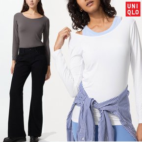 여성 긴팔 이너티 에어리즘 UV 자외선 차단 U넥 긴팔티 화이트 그레이 블랙